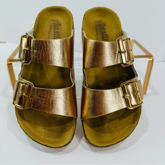 ๐ฉท AUSTIN TRADING CO. WOMENS ROSE GOLD DUAL STRAP CORK SLIDES SIZE 7 GOOD - Picture 8 of 13